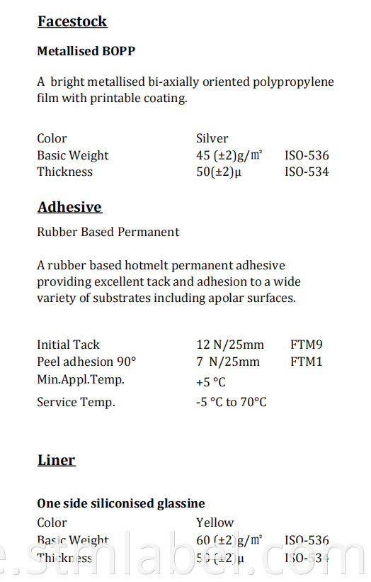 Metallised Bopp Tc Rubber Based Permanentyellow Glassine